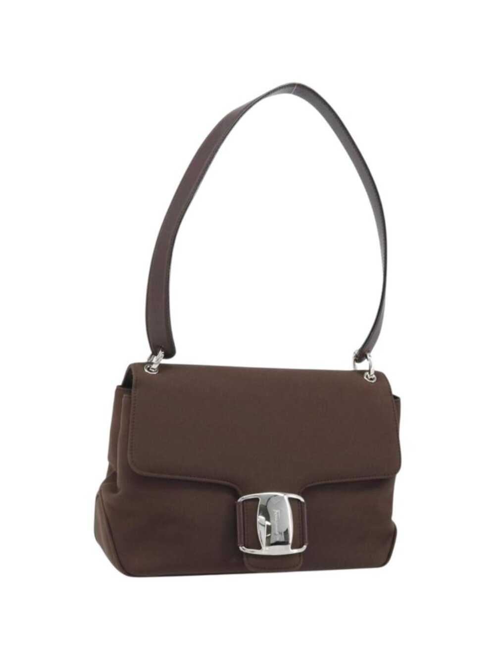 Salvatore Ferragamo Vala Shoulder Bag Nylon Brown Silver
